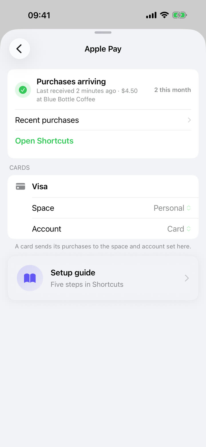 Money Talks Settings › Apple Pay screen with two captured purchases