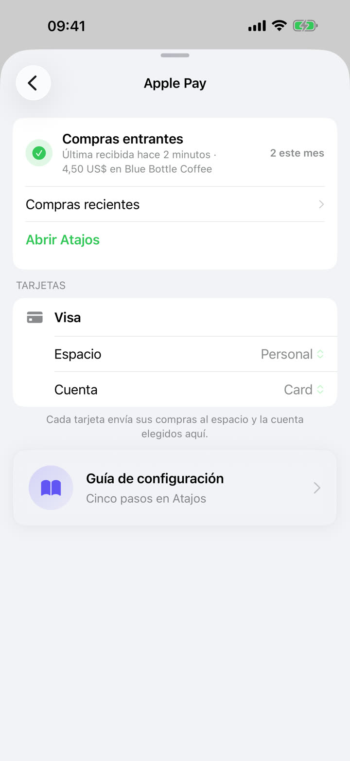 Pantalla Ajustes › Apple Pay de Money Talks con dos compras registradas