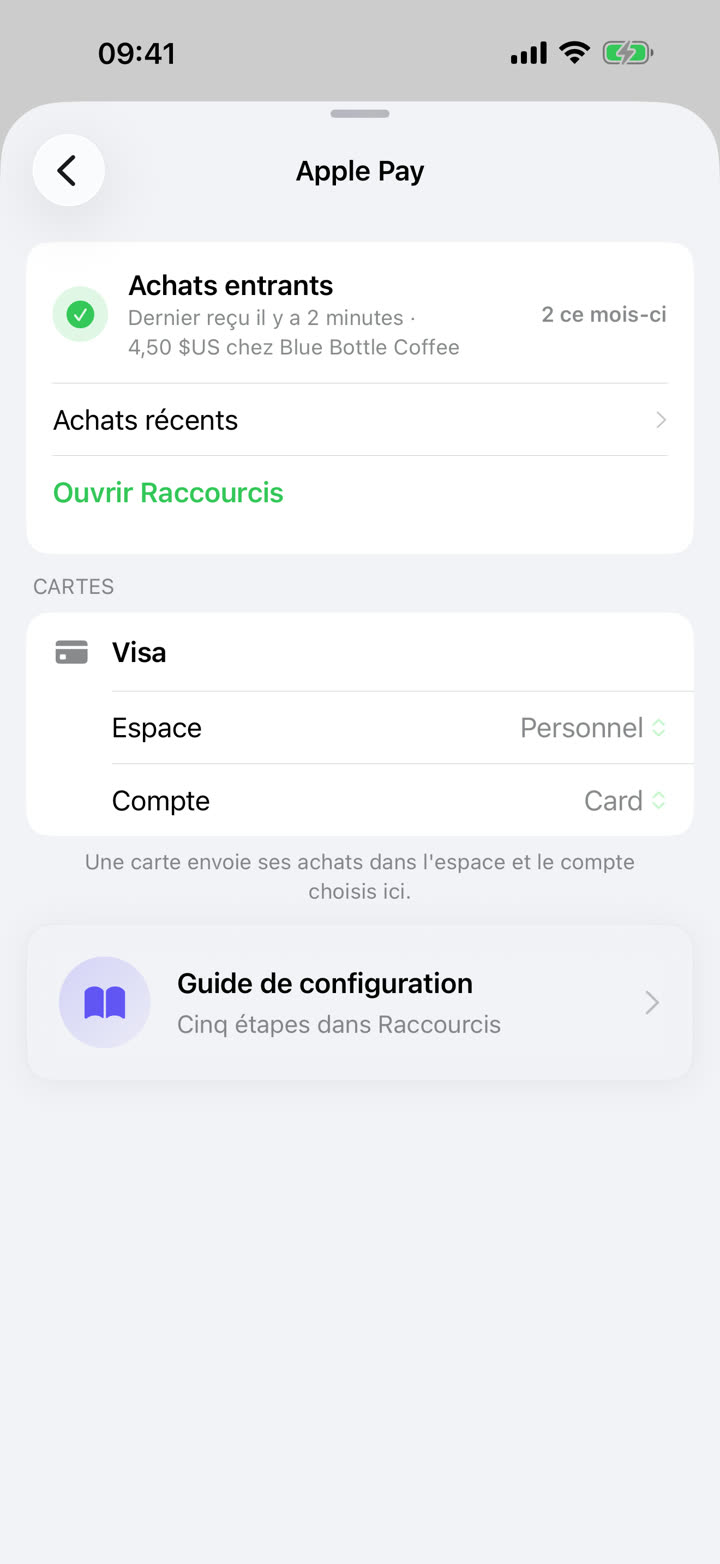 Écran Réglages › Apple Pay de Money Talks avec deux achats enregistrés