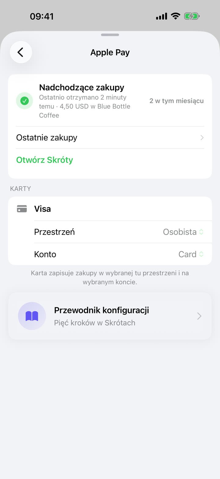 Ekran Ustawienia › Apple Pay w Money Talks z dwoma zapisanymi zakupami